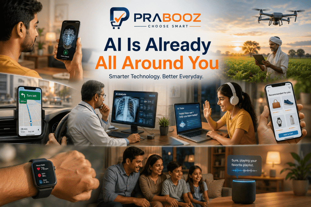 Artificial Intelligence helping an Indian family through face unlock, Google Maps navigation, AI-assisted healthcare, smart farming, online learning, shopping recommendations, smartwatch health tracking, and voice assistants.