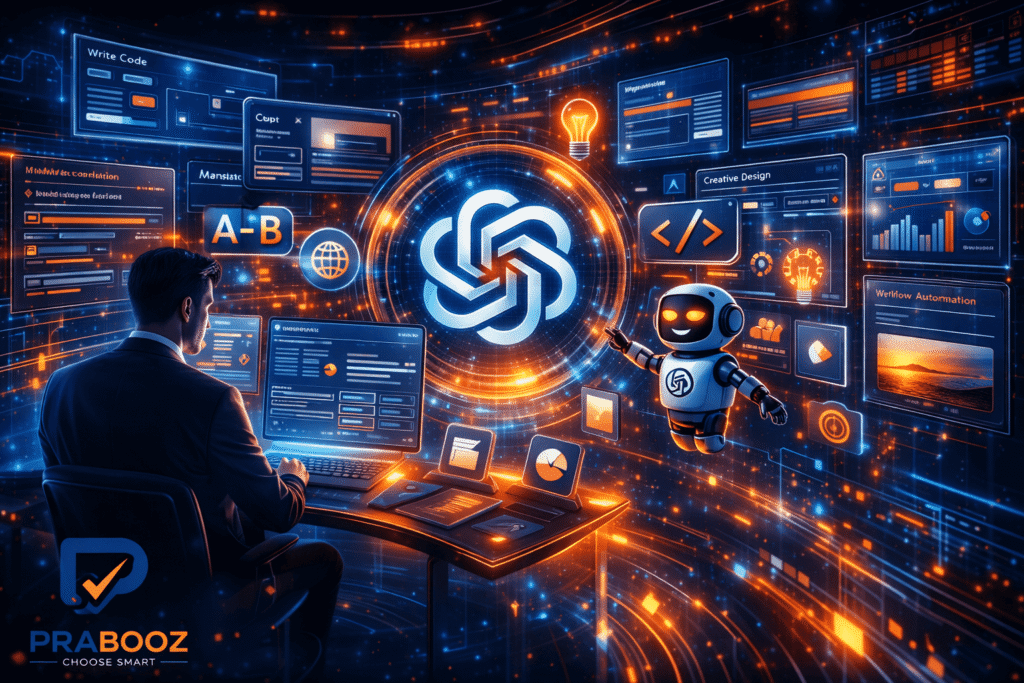 Futuristic AI-powered workspace showing the future of ChatGPT, artificial intelligence, automation, and digital productivity.