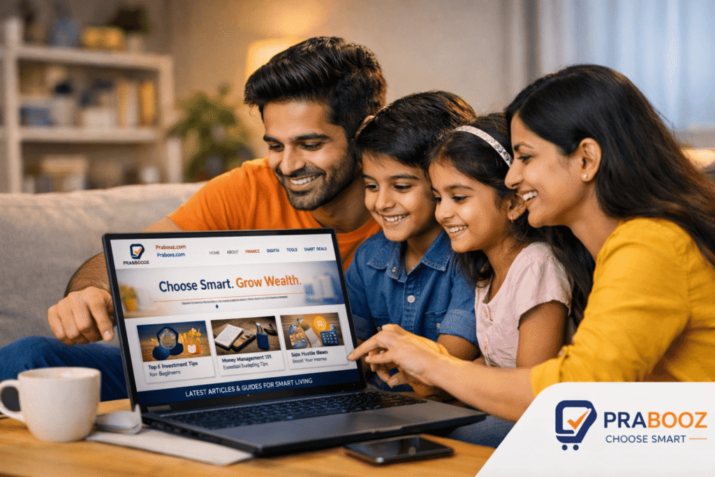 Indian family finding the best online deals using Prabooz smart shopping guide