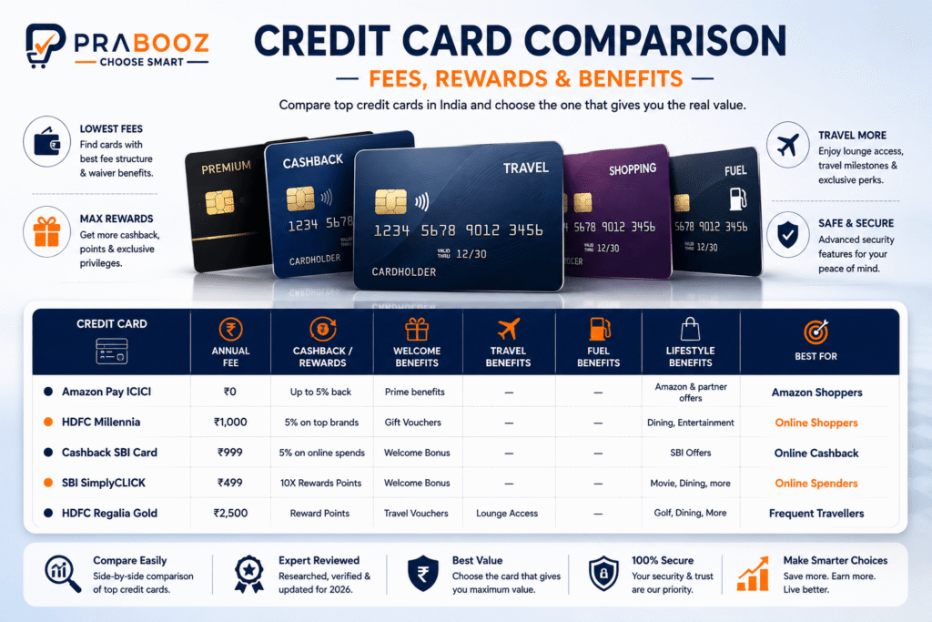 Credit card comparison showing fees, rewards and benefits in India