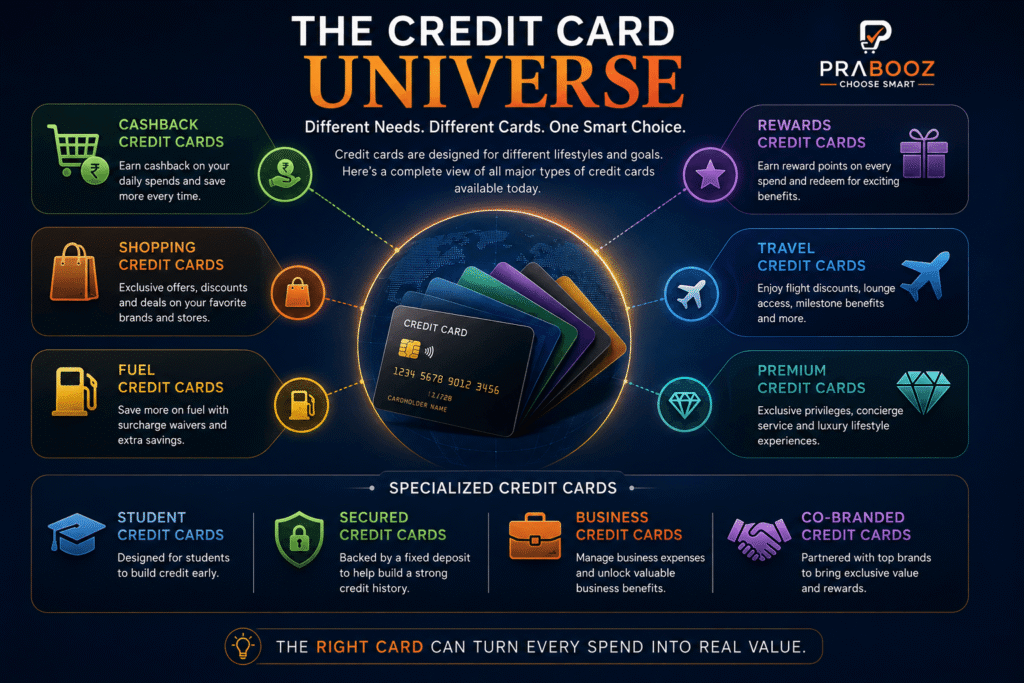 The Credit Card Universe Major types of credit cards, including cashback, rewards, shopping, travel, fuel, premium, student, business, secured and co-branded cards.