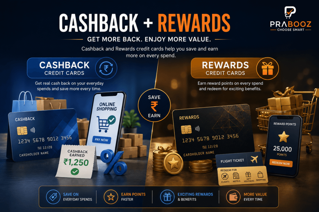 Cashback & Rewards Credit Cards Cashback and rewards credit cards showing online shopping, cashback savings, and reward points.