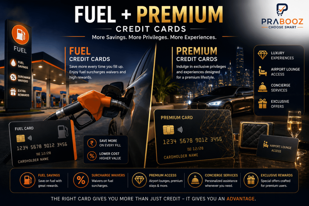 Fuel + Premium Credit Cards Fuel and premium credit cards offering fuel savings, surcharge waivers, cashback, and premium benefits