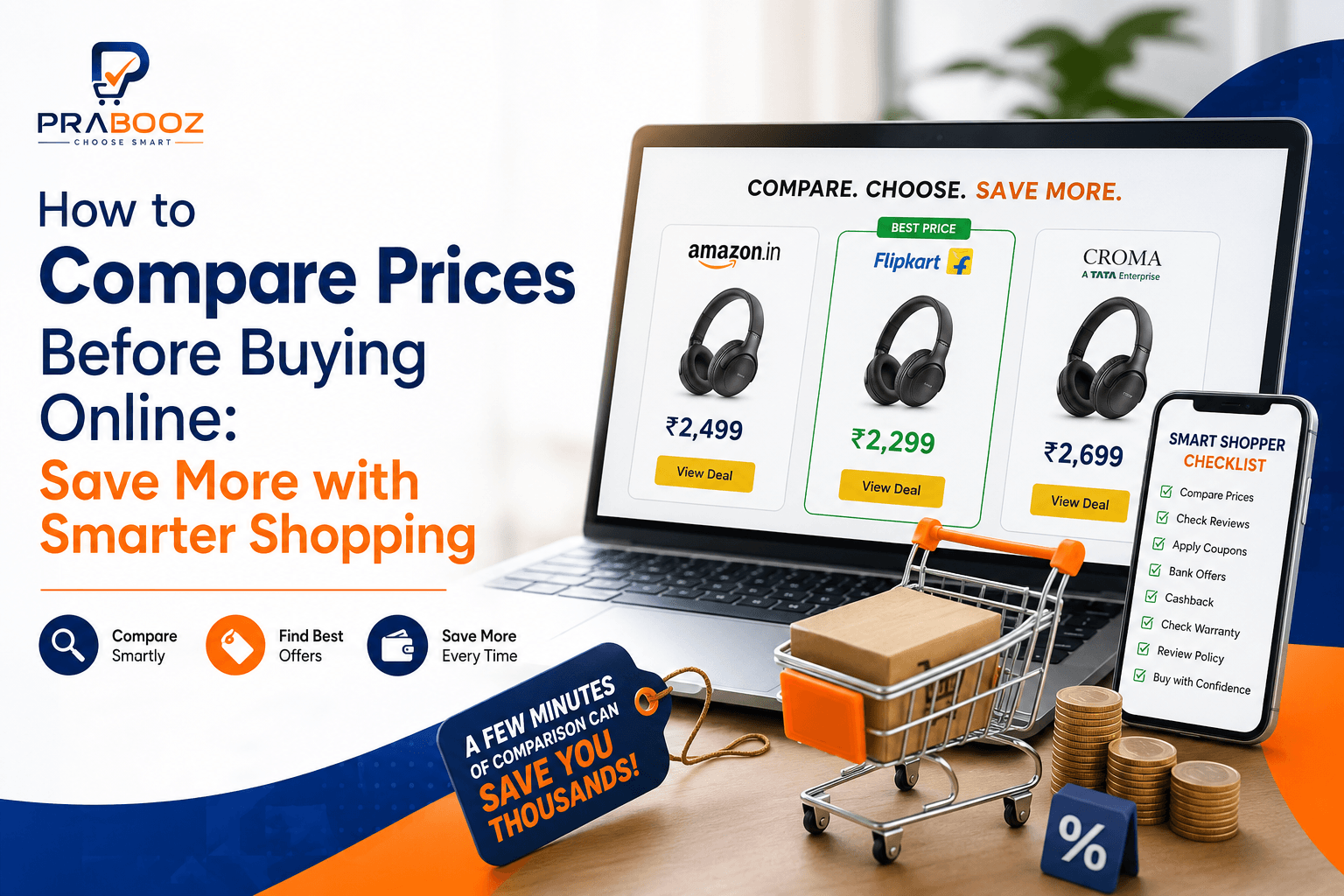 A shopper comparing online prices across multiple e-commerce websites to find the best deal before making a purchase.