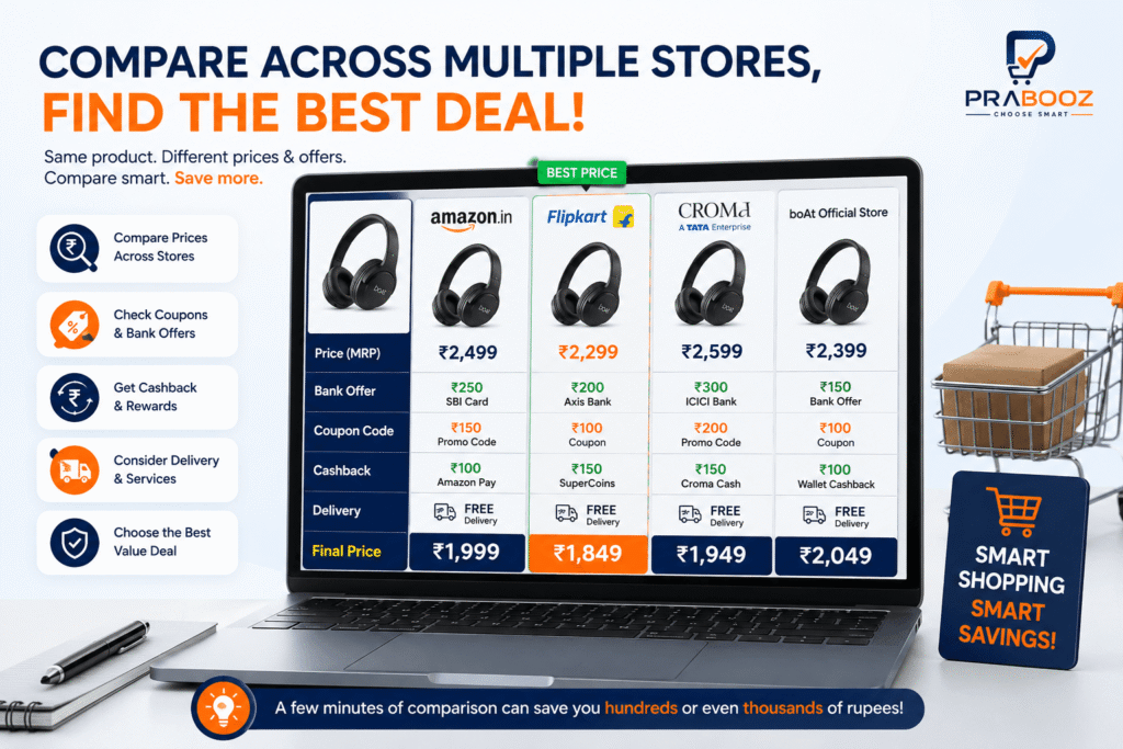 Comparison of the same product across multiple online stores showing prices, bank offers, coupons, cashback, delivery charges, and final payable amount.