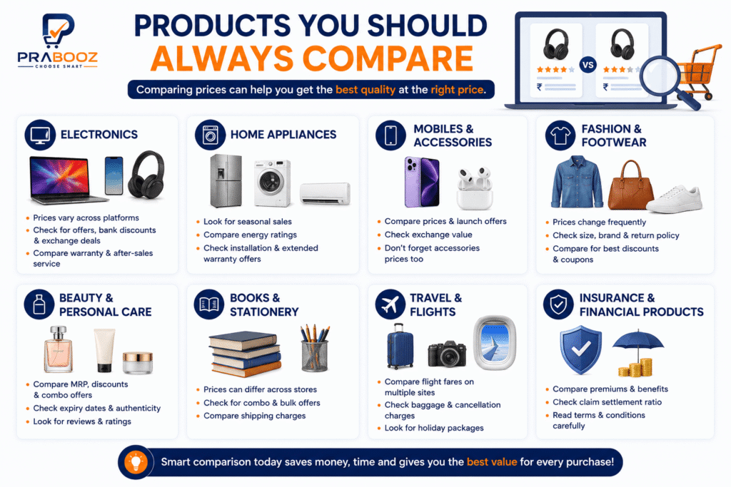 Compare prices before buying online for electronics, home appliances, mobile accessories, fashion, beauty products, books, travel, and insurance.